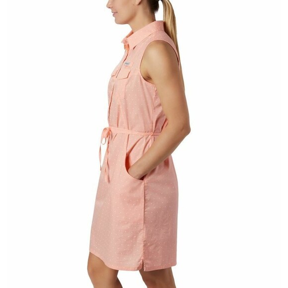 NWT New Womens Columbia Pink Peach Dot Dress PFG M White Pockets Cotton Rod Logo - Picture 3 of 10